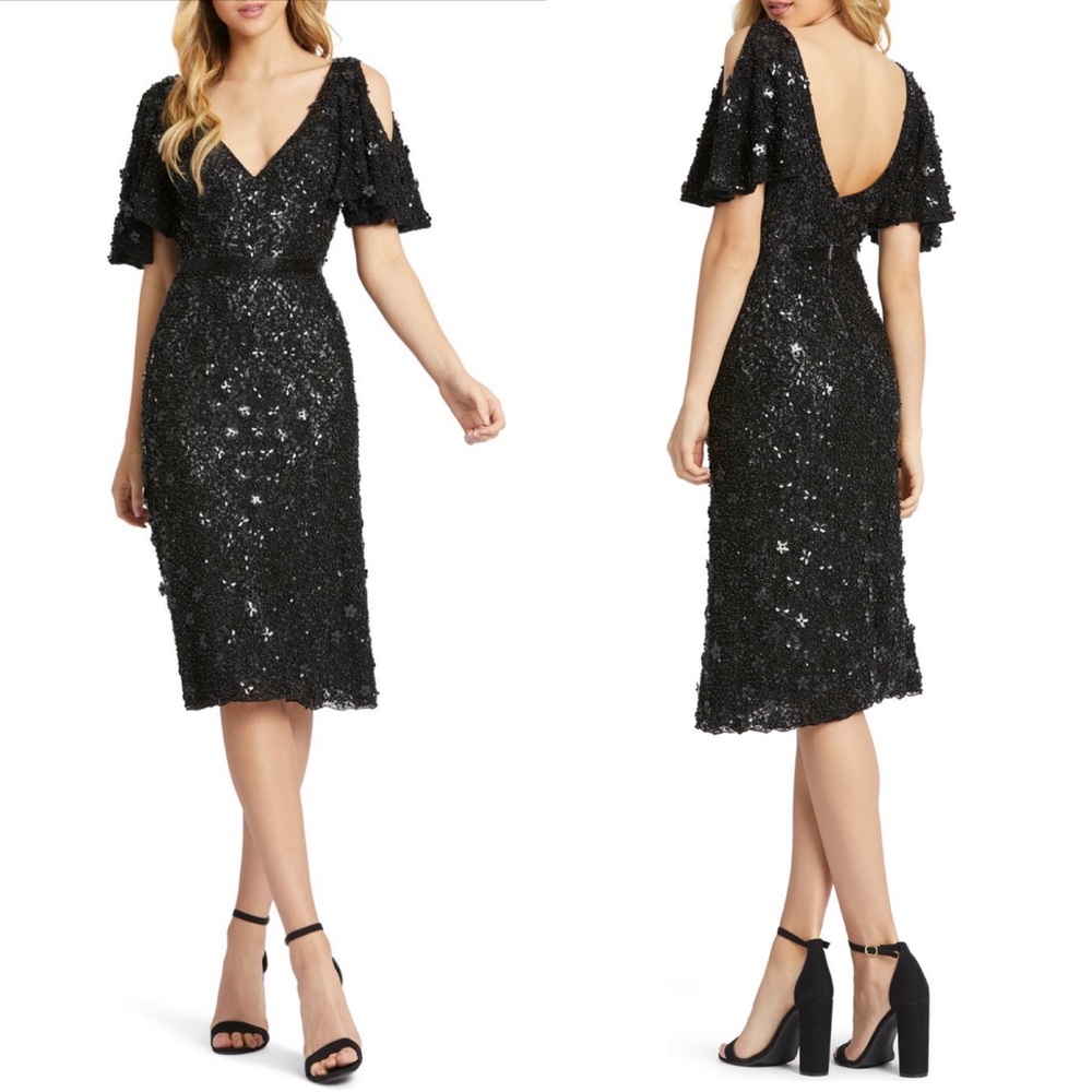 NEW MAC DUGGAL Cold Shoulder Black Sequin Sheath Dress - Size 8